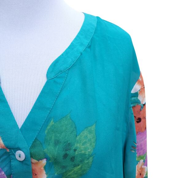Soft Surroundings Teal Blue Green Printed Floral Top Roll Tab Sleeves Sz 1X - Picture 5 of 12